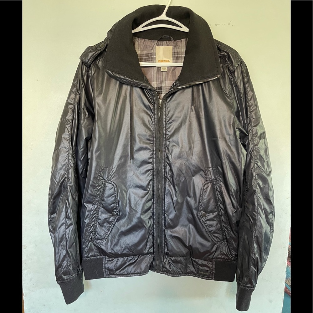 Diesel Hooded black nylon convertible bomber jacket